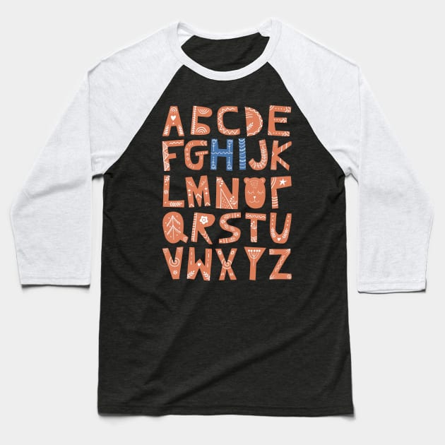 Alphabet says "Hi" (orange and blue) Baseball T-Shirt by Ofeefee